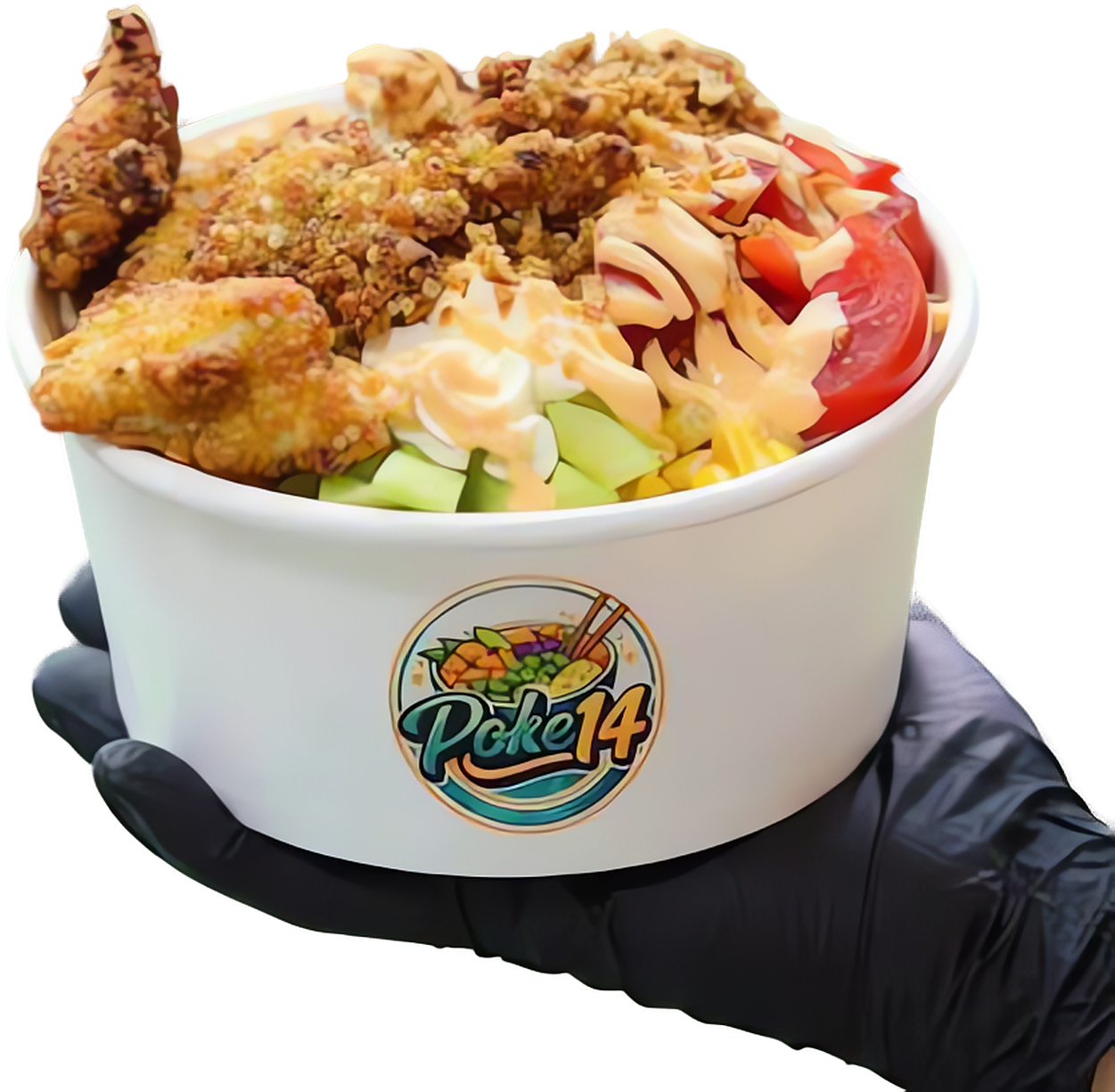 Poke bowl Poke14 con pollo croccante, pomodoro, cetrioli e mais